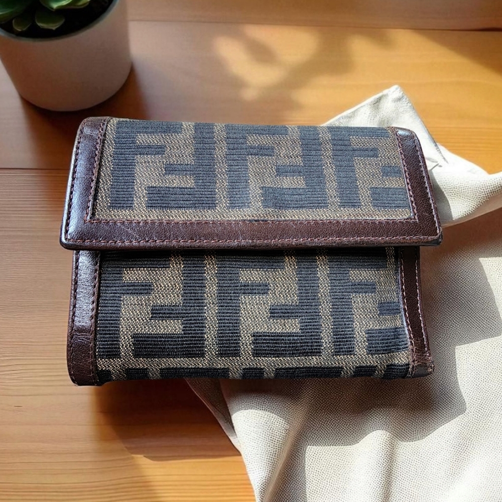FENDI Zucca Jacquard Canvas Brown Vintage Tri-fold Wallet